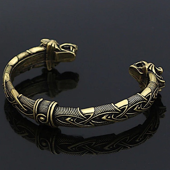 Gold Wolf Head Viking Norse Knotwork Cuff Bangle Bracelet - Picture 5 of 6